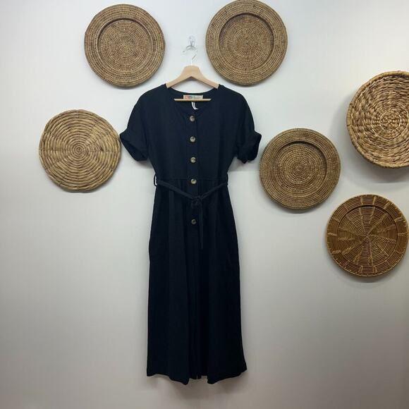 Free People Beach Black Wide Leg Belted Button Lighthouse Crop Jumpsuit Small - Picture 2 of 6